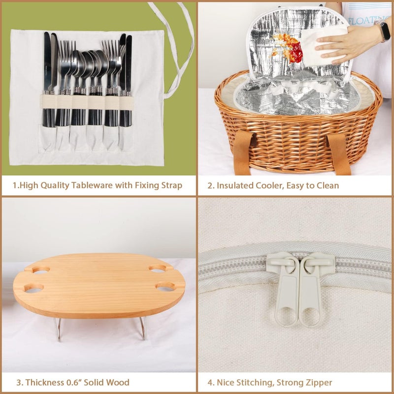 HapTim Wicker Picnic Basket Set for 4 with Mini Folding Wine Picnic Table & Large Insulated Cooler Bag & Cutlery Service Kits for 4 Person, Couples Gifts, Wedding Gifts (Y2209-4-CM) - Image 4